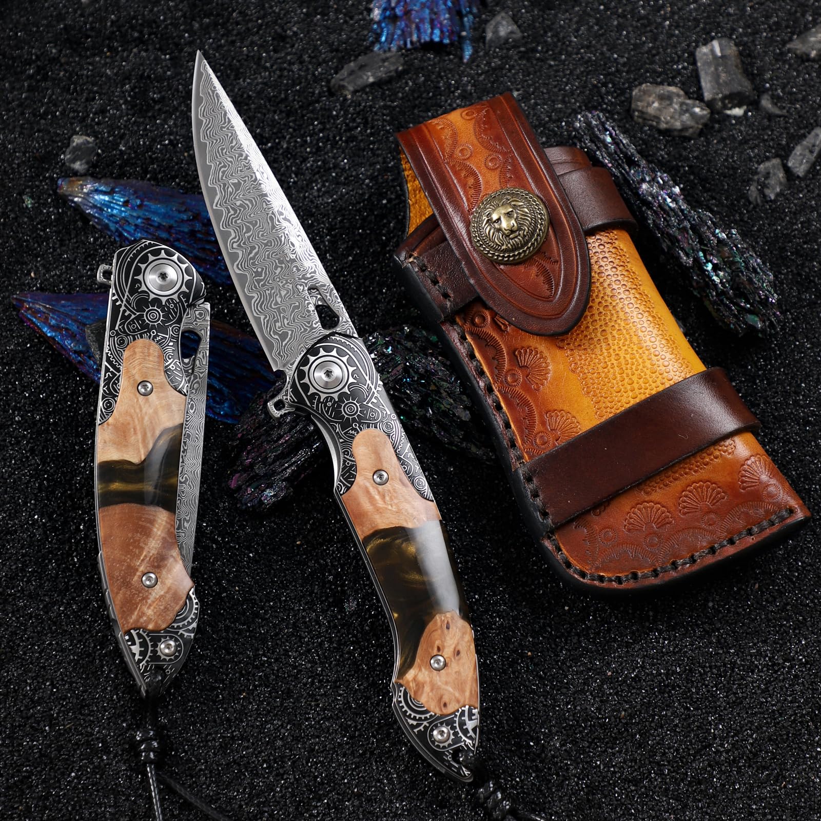 Handgefertigt Damaszener Stahl Taschenmesser, 3,5 „ Klingen Männer und Frauen Klappmesser, mit Lederscheide, Harz und Ahorn Griff, geeignet für Outdoor EDC tragen, Camping Abenteuer Jagd