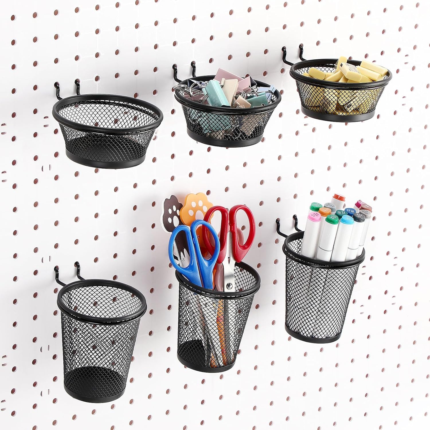 Briwooody 6 Sets Pegboard Bin Cups with Hook Loops, Metal Pen Pencil Holder Cups Peg Board Organizer Accessories Paperclip Organizer Holders for Tools Storage Office Workshop Garage Workbench