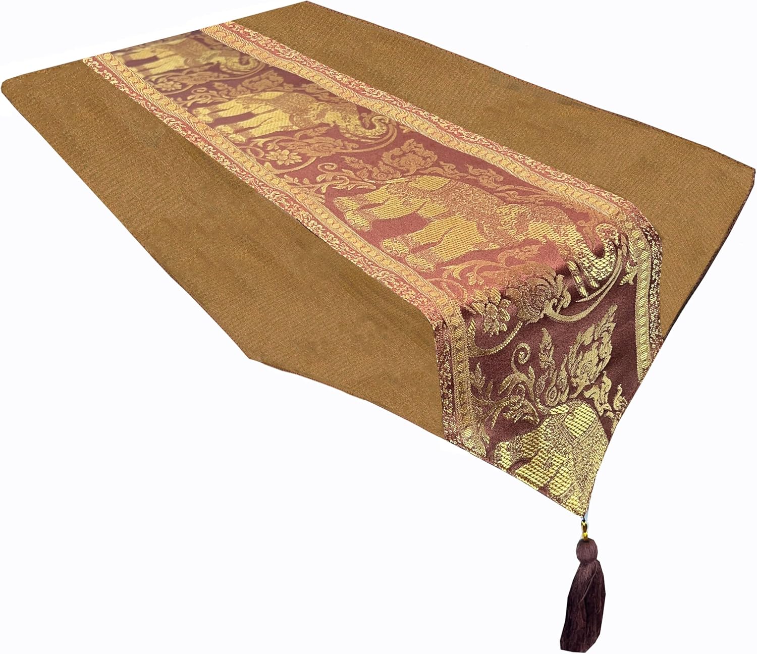Thai Slik Elephant Style Table Runners for Home Decorative Coffee Table Bed Runners Sofa 13 x 69 Inches (33x175cm) (Brown)