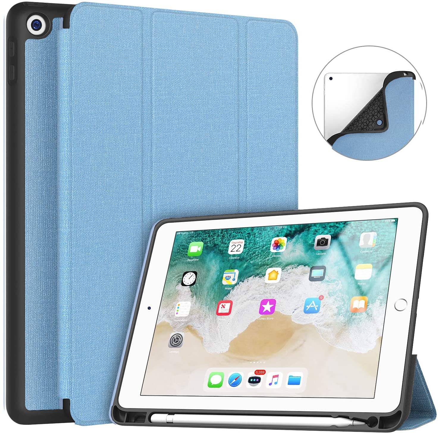 Swook iPad 9.7 inch 5th/6th Generation, Case with Pencil Holder, Smart iPad Case Trifold Stand with Shockproof Soft TPU Back Cover and Auto Sleep/Wake Function (Ipad 9.7 2017/2018, Light Blue)