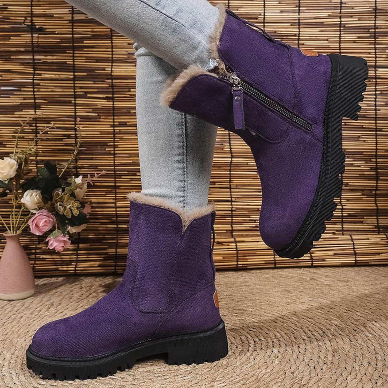 Women Fur Lined Booties, Winter Thick Fleece Warm Mid Calf Boots Side Zipper Lug Sole Chunky Flat Snow Boot