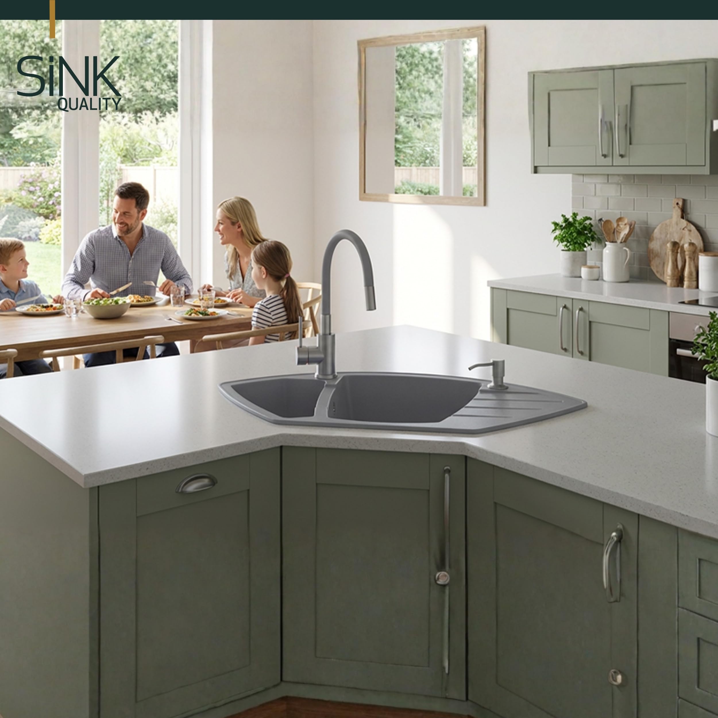 SINK Quality zlewozmywak narożny z granitu 90 x 54 cm - szary – 1,5 umywalka zlewozmywak do zabudowy z umywalką na resztki, wytrzymały i odporny na zarysowania, w zestawie syfon i impregnacja
