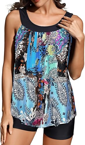 Miniatura 2 de REKITA Trajes de baño tankini fluidos para mujer, trajes de baño tankini para dos piezas, camiseta sin mangas con pantalones cortos