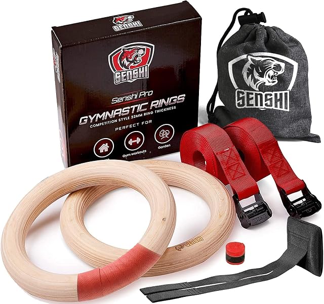   * Wooden Gymnastics Rings With XXL Straps, Olympic Suspension Trainer For Calisthenics, Pull Ups, Dips, Thick 32mm Hoops With Door Anchor, Grip Tape & Carry Bag