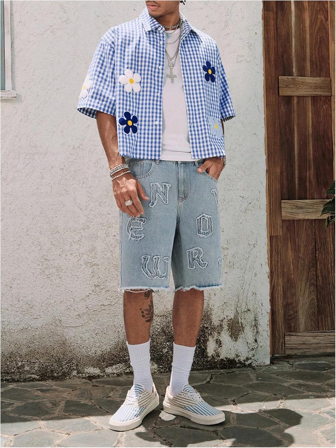 Men's Gingham Plaid Cropped Shirt Button Down Floral Short Sleeve Streetwear Vacation Crop Tops - Image 5