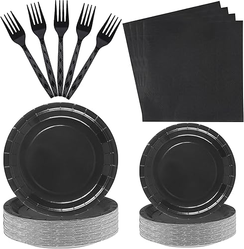 Juego de 100 platos y servilletas de papel negro para fiesta, platos desechables negros, servilletas y tenedores para bodas, fiestas de cumpleaños,