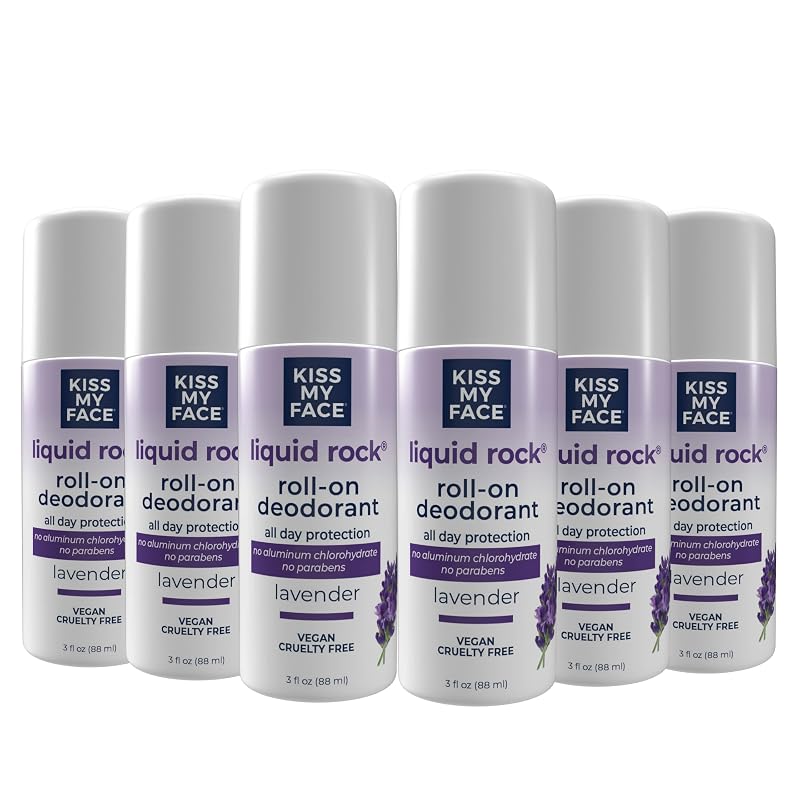 Desodorante Roll-On Kiss My Face Liquid Rock Lavender, sem cloridrato de alumínio, com sais minerais e extrato de casca de salgueiro, 88 mL, Pacote com 6