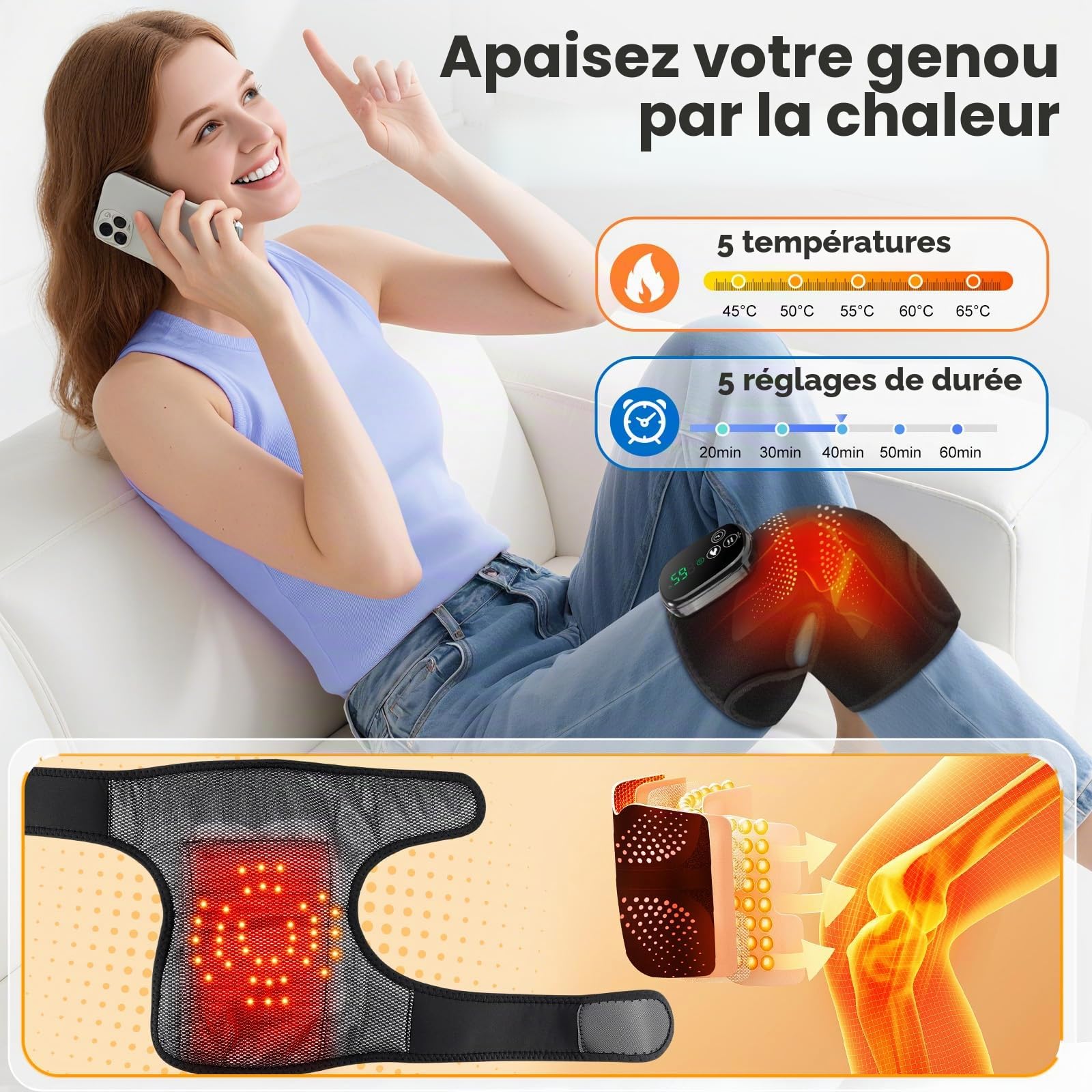Genouillère Chauffante Sans Fil, Genouillère À Lumière Rouge Avec Contrôle Tactile, Coudière Portable À 5 Niveaux De Chaleur, 3 Modes De Massage, Minuterie, Batterie Intégrée 5000mAh Et 4 Moteurs