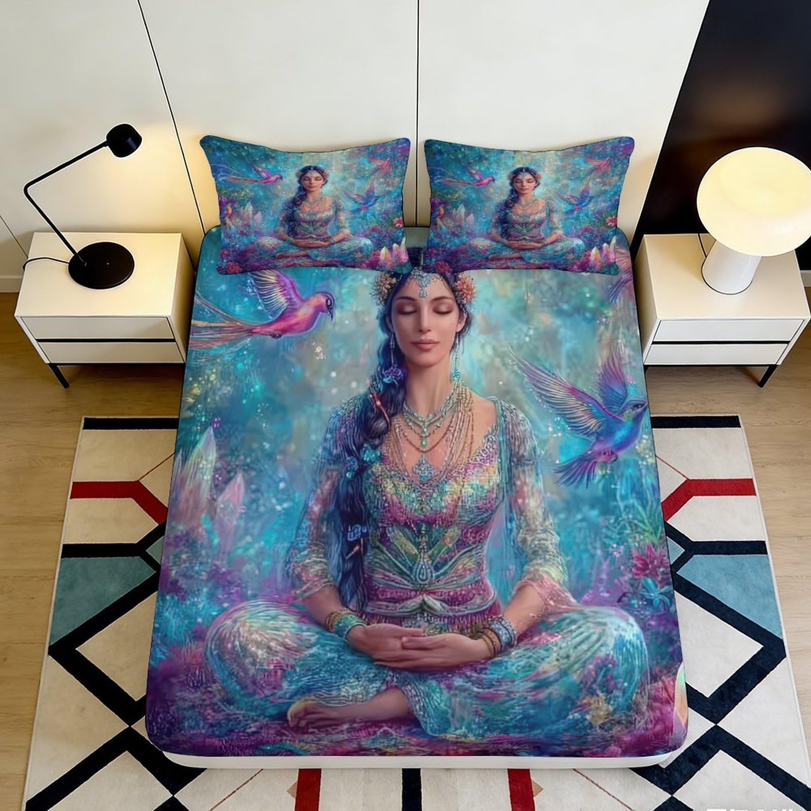 3D Printed Goddess Fitted Sheet Microfiber Deep Pocket Non-Slip Bedroom Bedding Meditation Mattress Fitted Cover Washable for Home 140x200x25cm