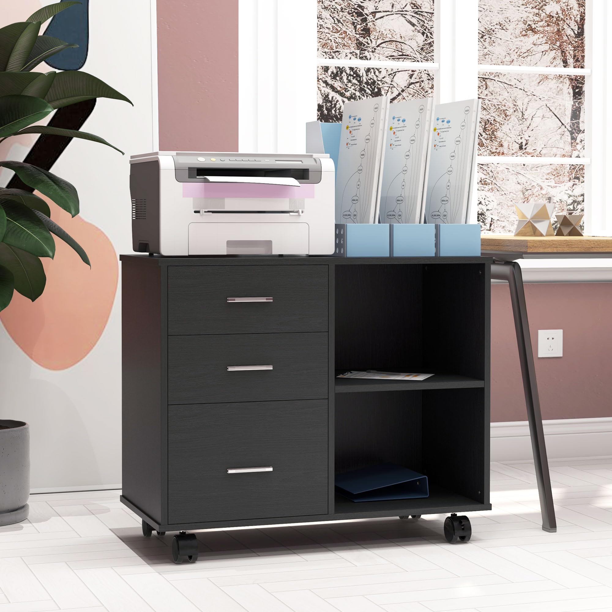 HOMCOM Support d'imprimante Organiseur Bureau Caisson 3 tiroirs + 2 niches + Grand Plateau Panneaux Particules Noir