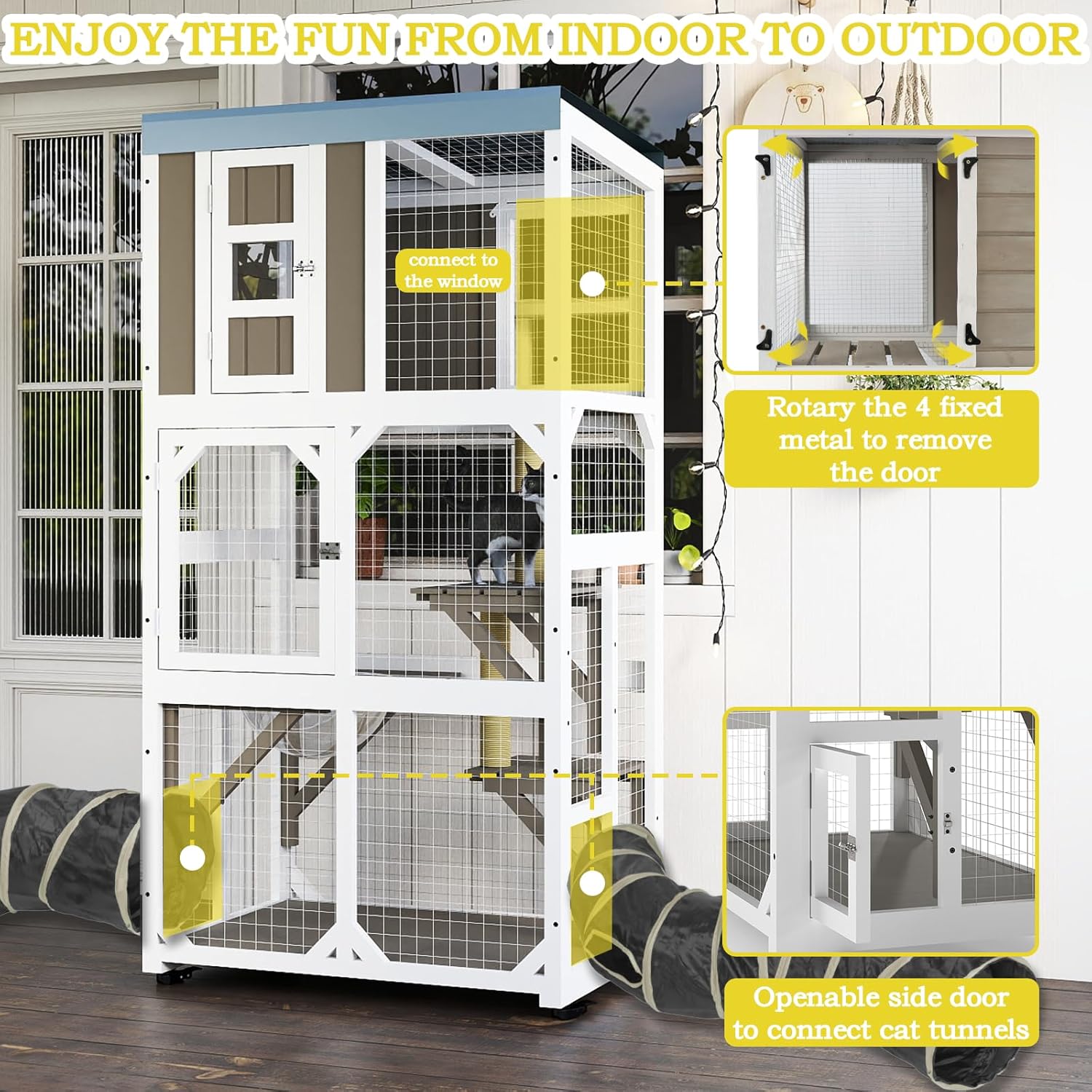 Catio Outdoor Cat Enclosure,Outdoor Cats House with 5 Platforms & Space Capsule,Wooden Cat Catio Cats Enclosure with Weatherproof Oxford Cloth Roof & 4 Wheels,Grey