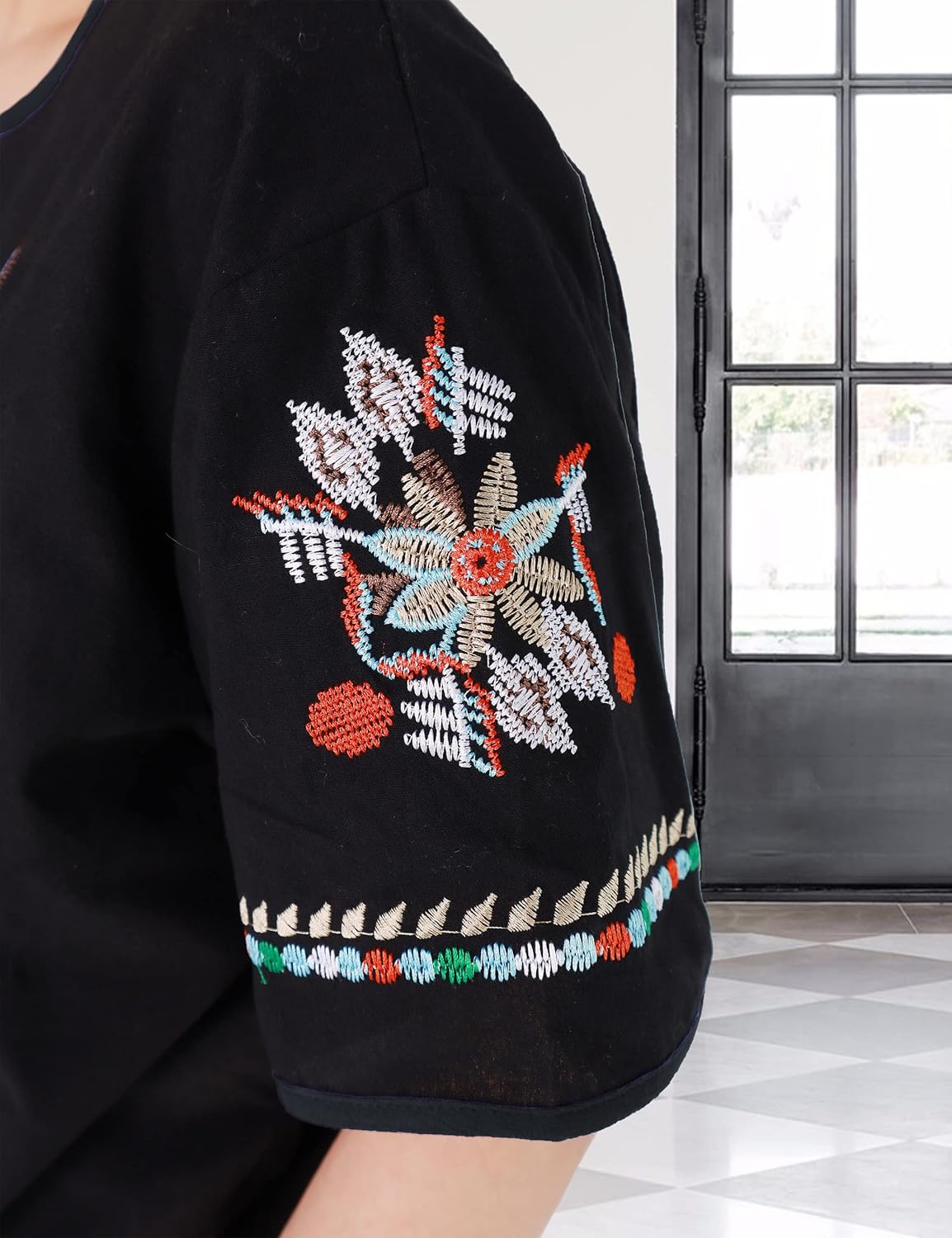 SeekMe Women's Cotton Linen Tops Embroidered Short Sleeve Peasant Boho Mexican Tunic Top Festival Casual Loose T Shirt - Image 8