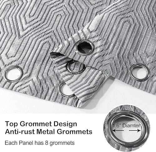 Miniatura 4 de Cortinas de patrón geométrico jacquard 100% opacas de color gris claro y plateado, 2 paneles de 52 pulgadas de ancho y 108 pulgadas de largo, 2