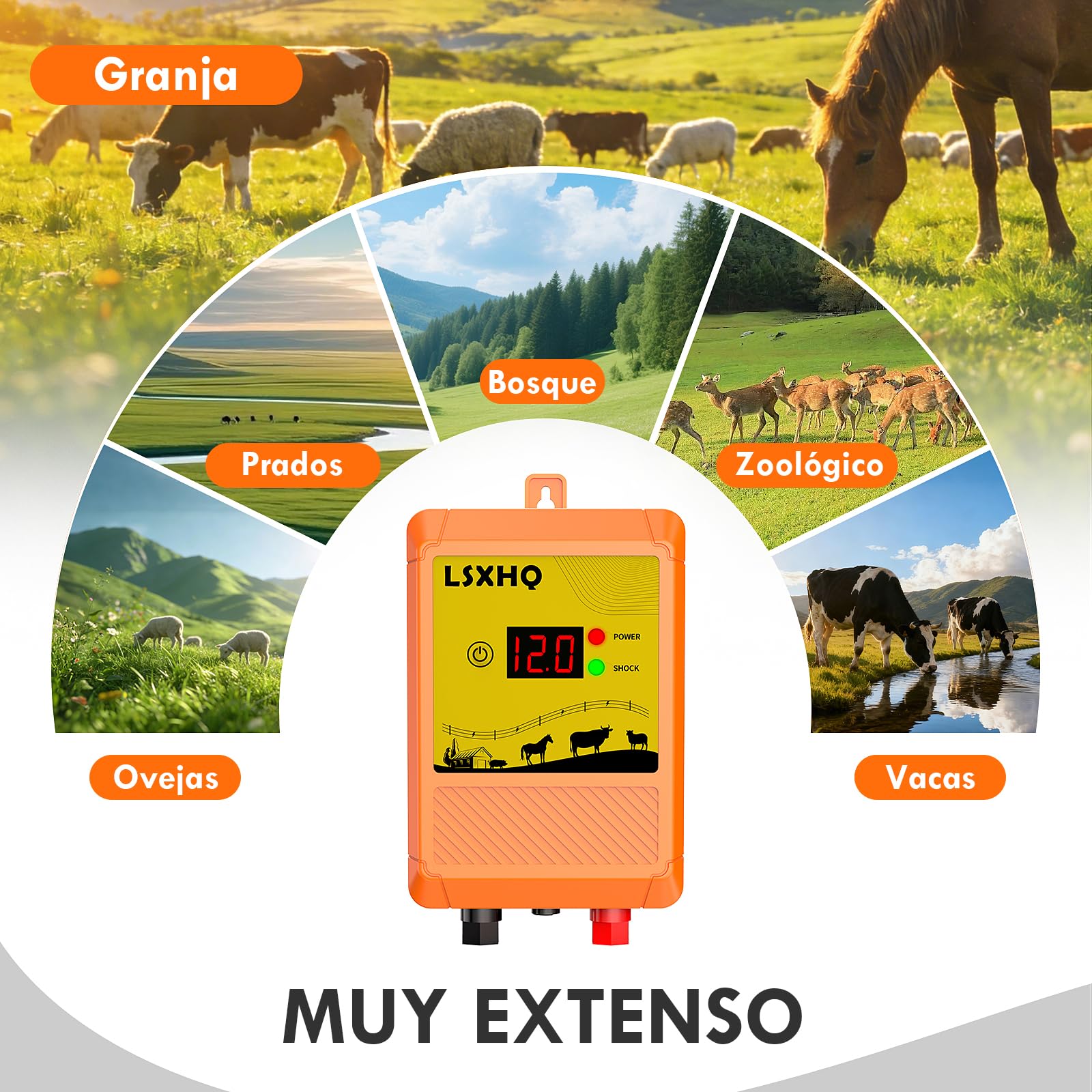 10 km Cerca Eléctrica para Ganado y Animales, Energizador de Cerca Eléctrica de Corriente de Salida 12 kV 2,0 J con Pantalla LED, Protección para Caballos, Ovejas, Jardín, Pastos y Granja (Naranja)