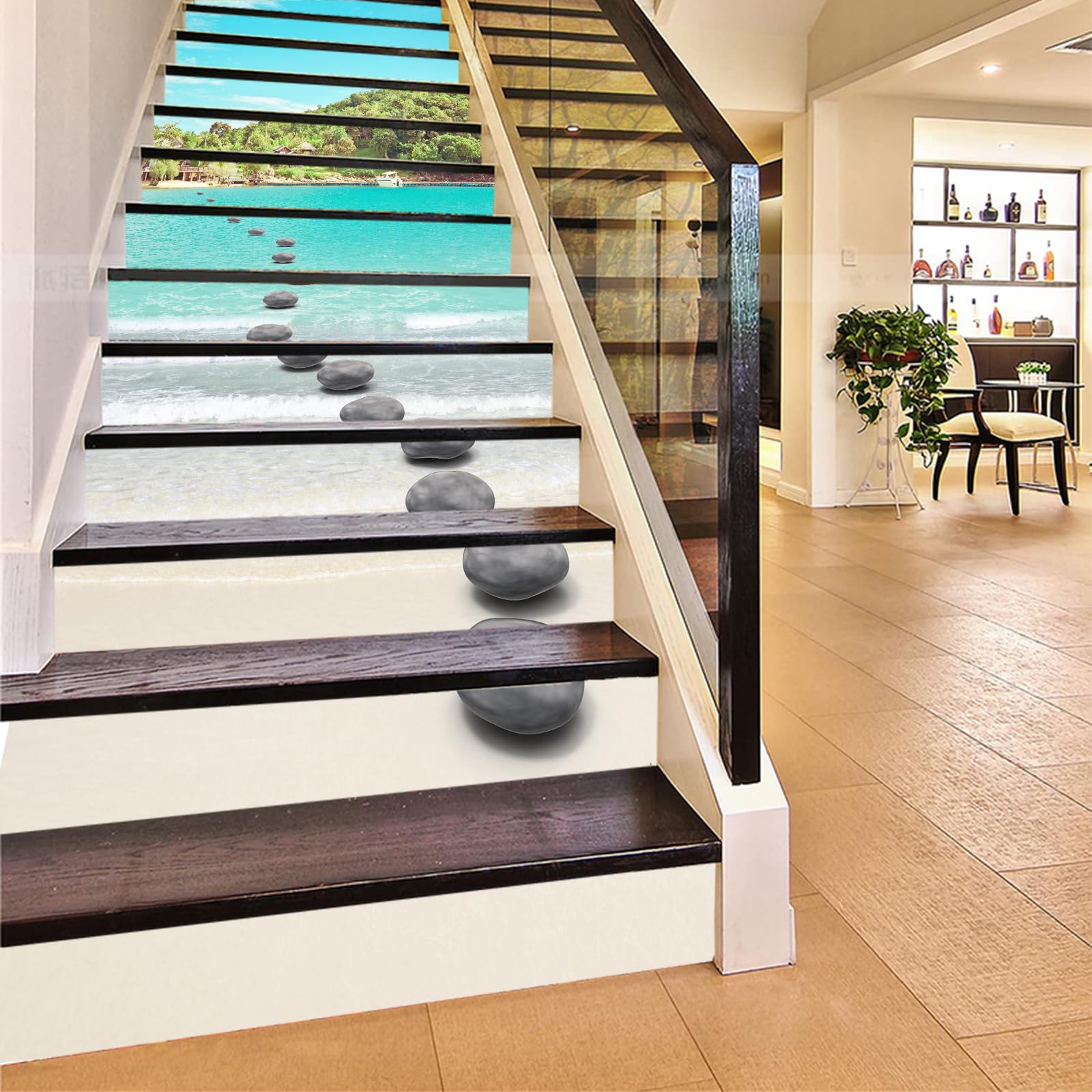 Flfk G1052 13Pcs Stair Risers Stickers Peel And Sick 39.37"X7.08",Self-Adhesive Staircase Stickers Decals, Beach Cobblestone Road Mural Wallpaper For Stair Steps