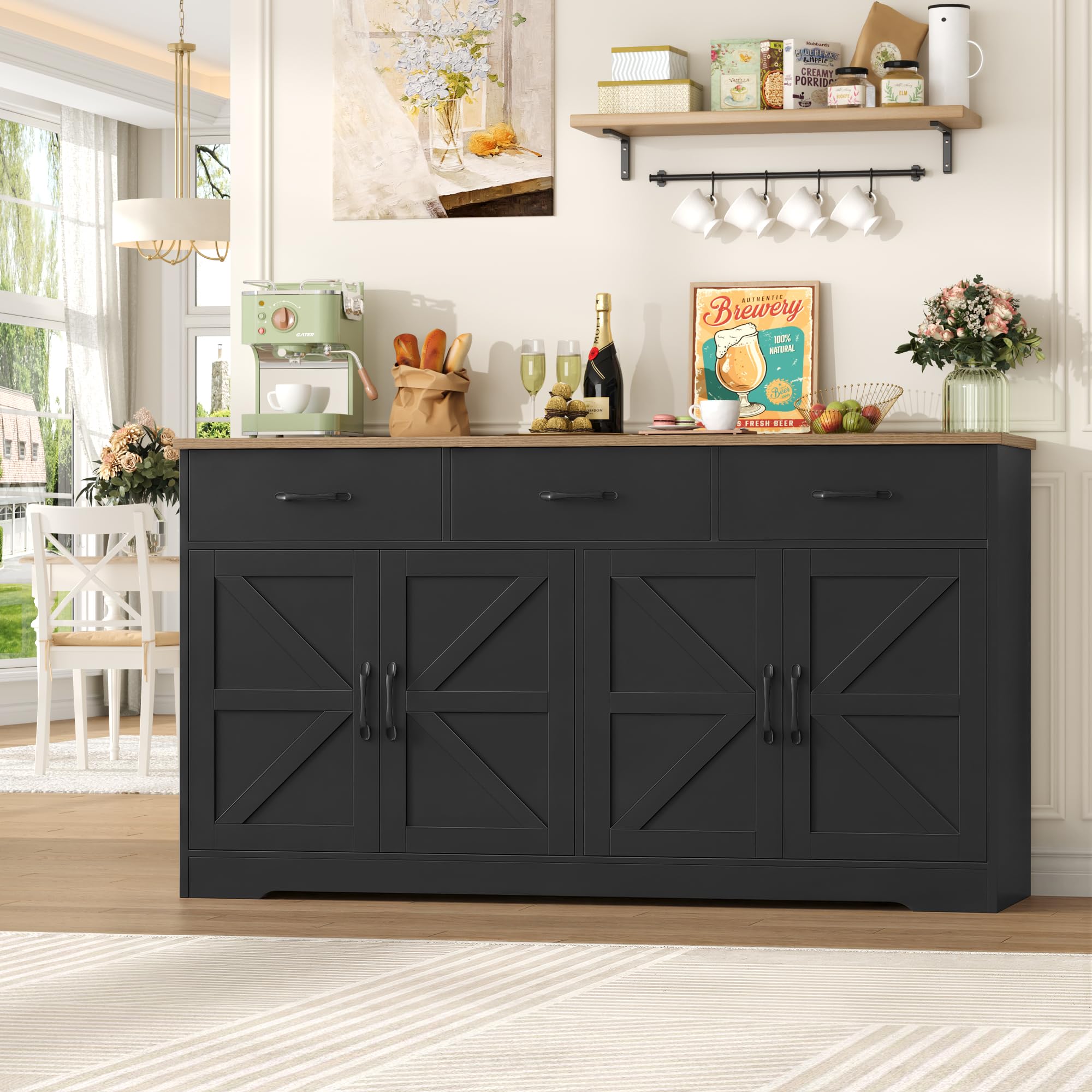 HOCSOK Credenza Cucina, 150 cm Madia Dispensa Cucina con 3 Cassetti 4 Ante, Mobile TV con Ripiani Regolabili per Soggiorno, sala da pranzo, Ingresso, Credenza Soggiorno, 150×81.5×38.5 cm, Nero