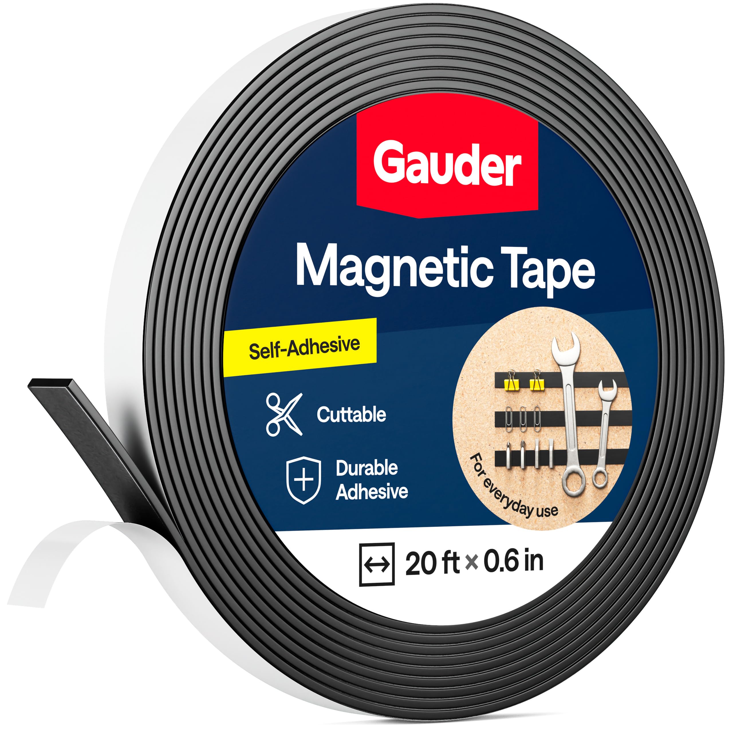 GAUDER Magnetic Tape Strong Self-Adhesive - Cut-to-Length Magnet Strip with High Magnetic Force - Heavy-Duty Adhesive Magnet Tape (20 ft x 0.6 in)