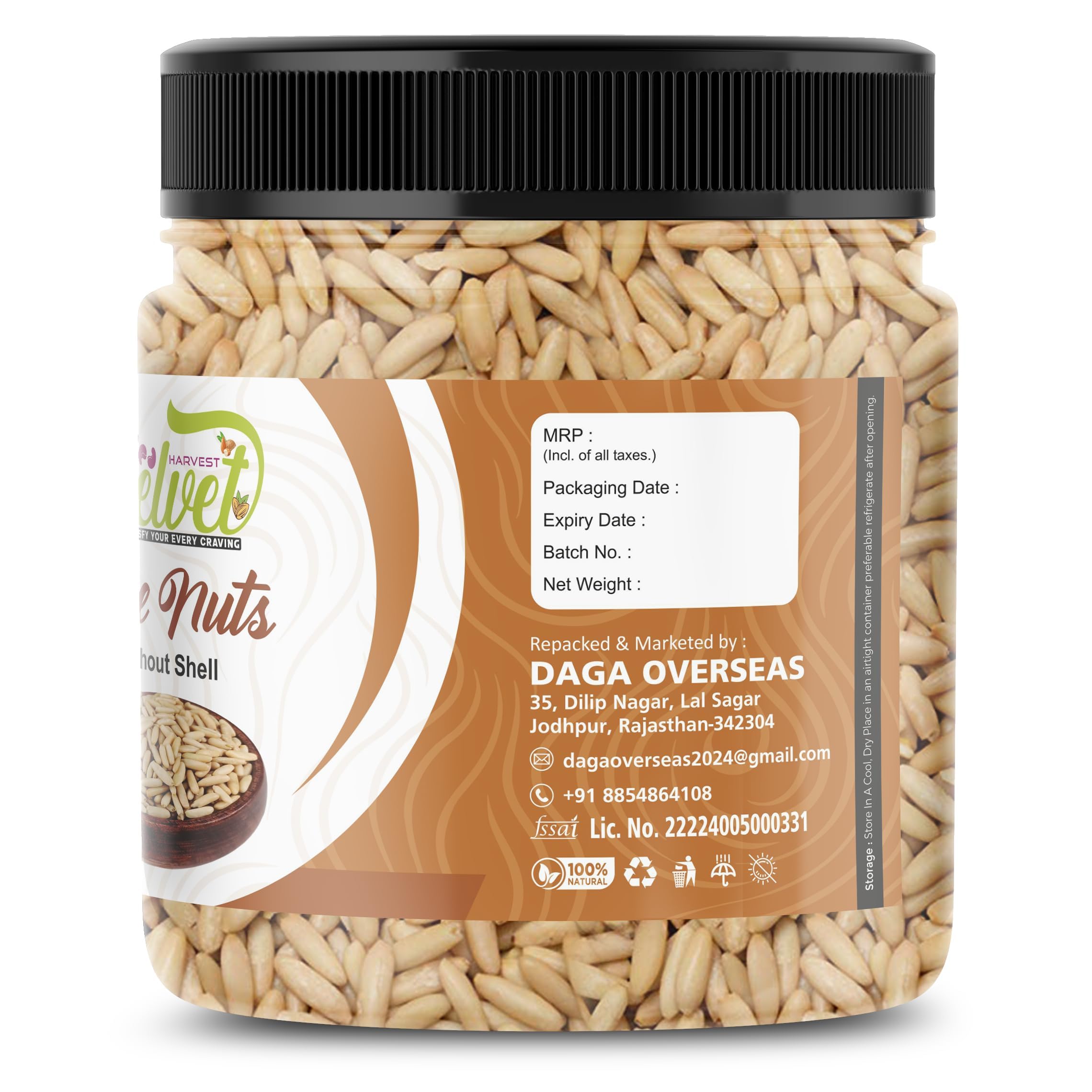 VELVET HARVEST Chilgoza Dry Fruits Without Shell nut Jumbo Size Pine Nuts (Chilgoze/Chilgoja) | Pine Nuts without Shell | Chilgoza Giri | Chilgoja Seeds | Premium Pine Nuts Whole - 250 Gram