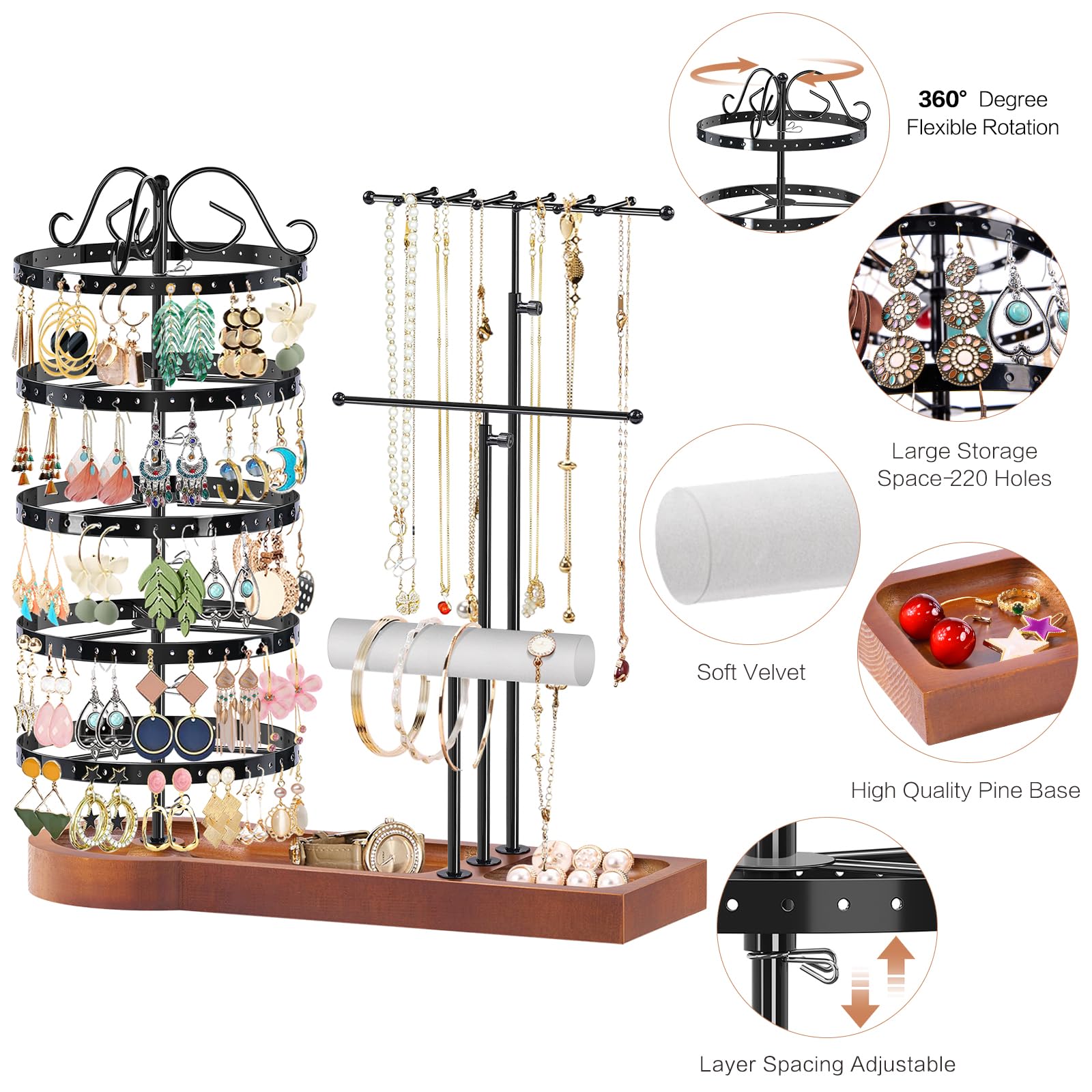 KALYLOC Schmuck-Organizer-Ständer, Schmuckständer mit drehbarem Metallrahmen, multifunktional, für Ohrringe, Halsketten, Armbänder, Ringe, Uhren für Schmuck, Präsentationsständer (schwarz)