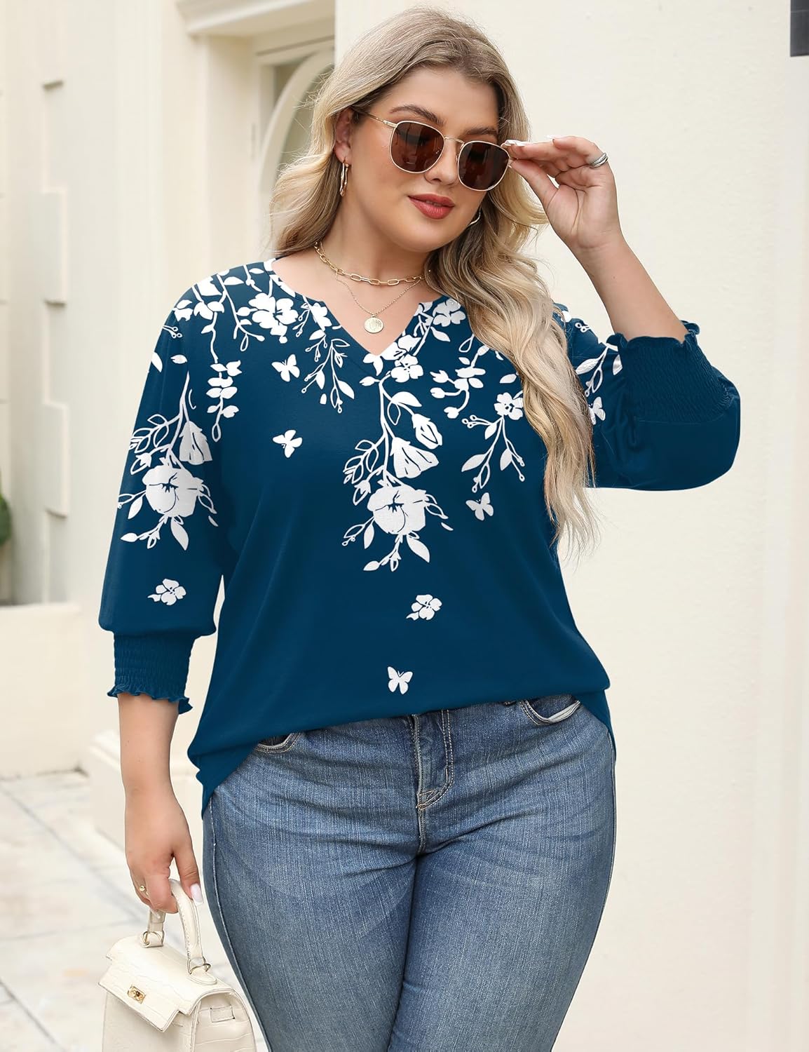Rapbin Womens Plus Size Tops 3/4 Sleeve Blouses Shirts Casual V Neck Loose Tunic Tops 1X-5X - Image 5