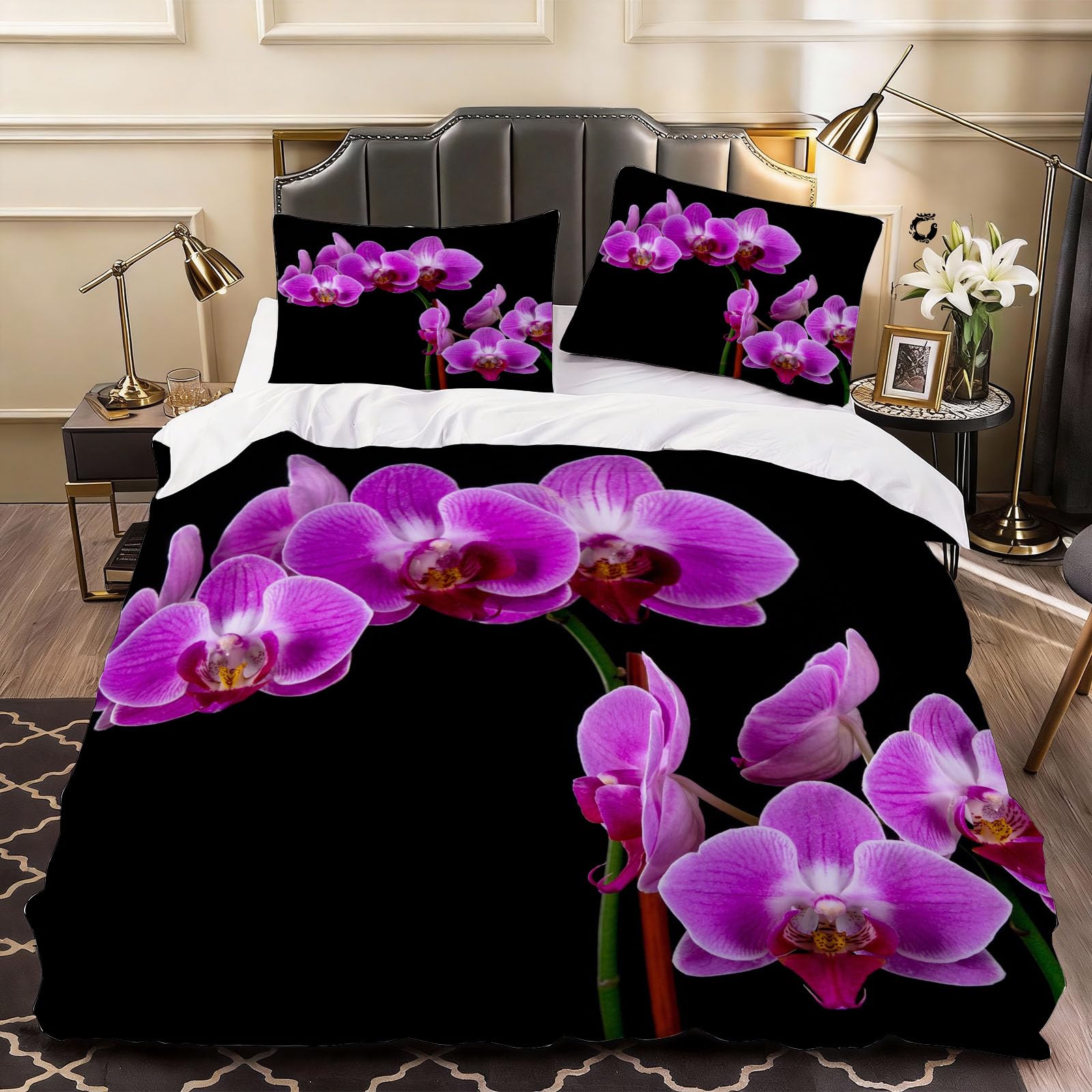 3D Orchid Duvet Cover Simple Bedding Double Bed Set, Soft Microfiber Comforter Cover Printed with Zipper Closure Quilt Coverr 200x200 cm and 2 Pillowcases