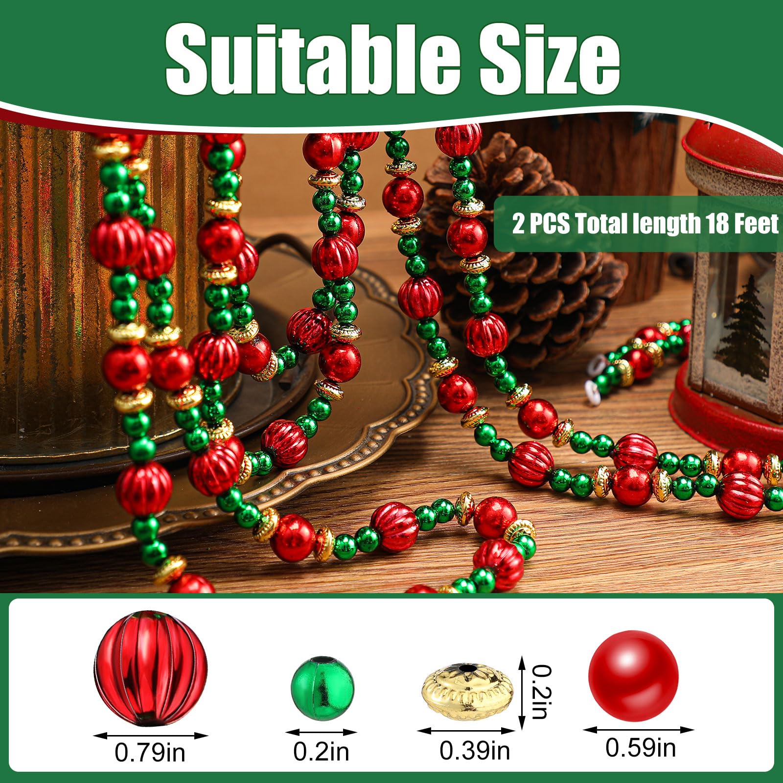 Geosar Lot de 4 guirlandes de perles torsadées pour sapin de Noël de 2,7 m - Rouge et vert - Pour fête de Noël, cheminée, couronne d'ornements