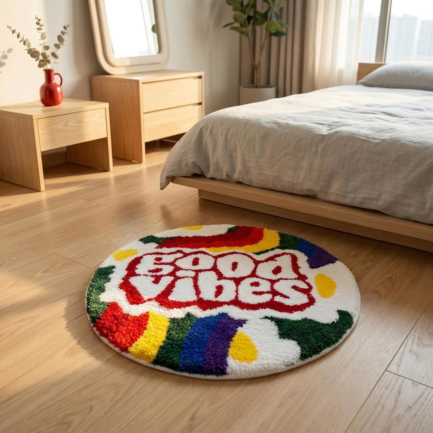 Colorful Round Tufted Area Rug, Irregular Decorative Accent Rug with Retro Letter Design, Soft Handmade Tufted Floor Mat for Living Room Bedroom Dorm Decor