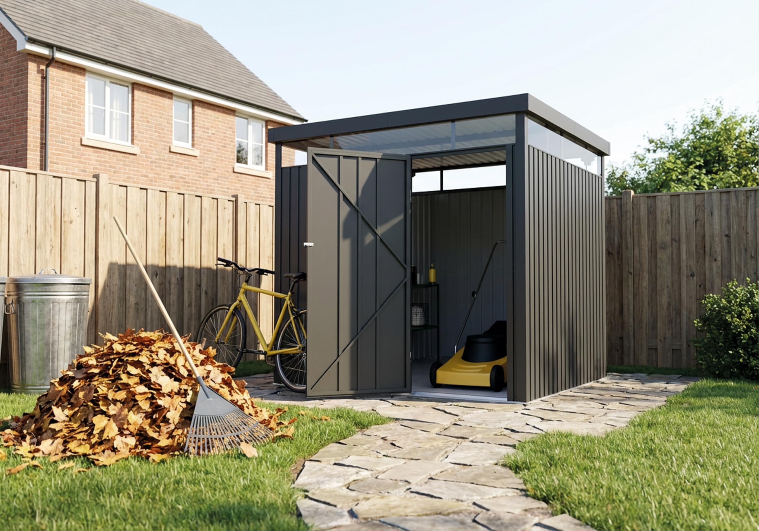 Wasabi – Caseta Jardín Exterior Metal 5,23m2 Ice – Grosor 0,40mm Robusto – Lámpara incluida - Cierre con Llave – Tragaluz 360º - Techo Plano - Cobertizo Resistente de Almacenamiento – 249x211x218cm