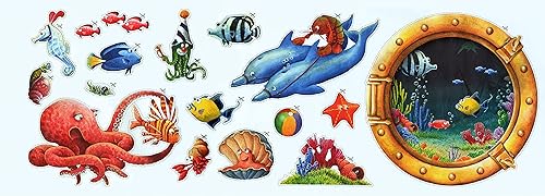 CONCORD WALLCOVERINGS  KZ1073C - Adhesivos de pared para niños, diseño de delfines de pulpo, peces del mundo marino, para sala de juegos,