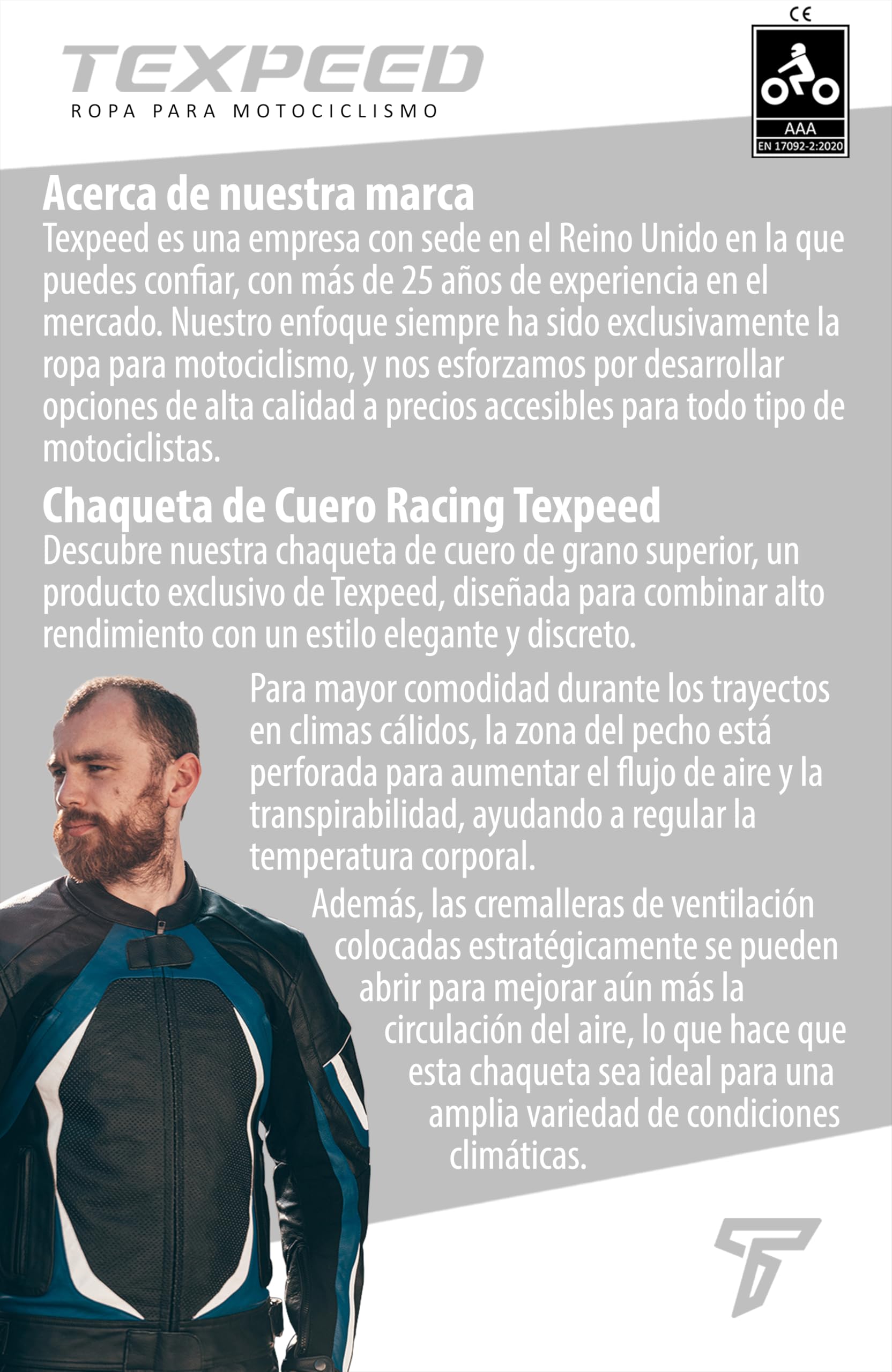 Texpeed Chaqueta de Moto de Cuero para Hombre – Chaqueta Racing Perforada para Motociclistas con Protecciones Biker (EN 1621-1) – Azul – XL