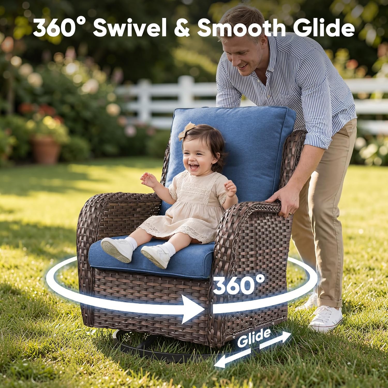 Belord Patio Wicker Chairs Swivel Rocker,Outdoor Patio Furniture Set with Rattan Side Table, All Weather Conversation Set for Porch Poolside Balcony, Brown Wicker/Blue