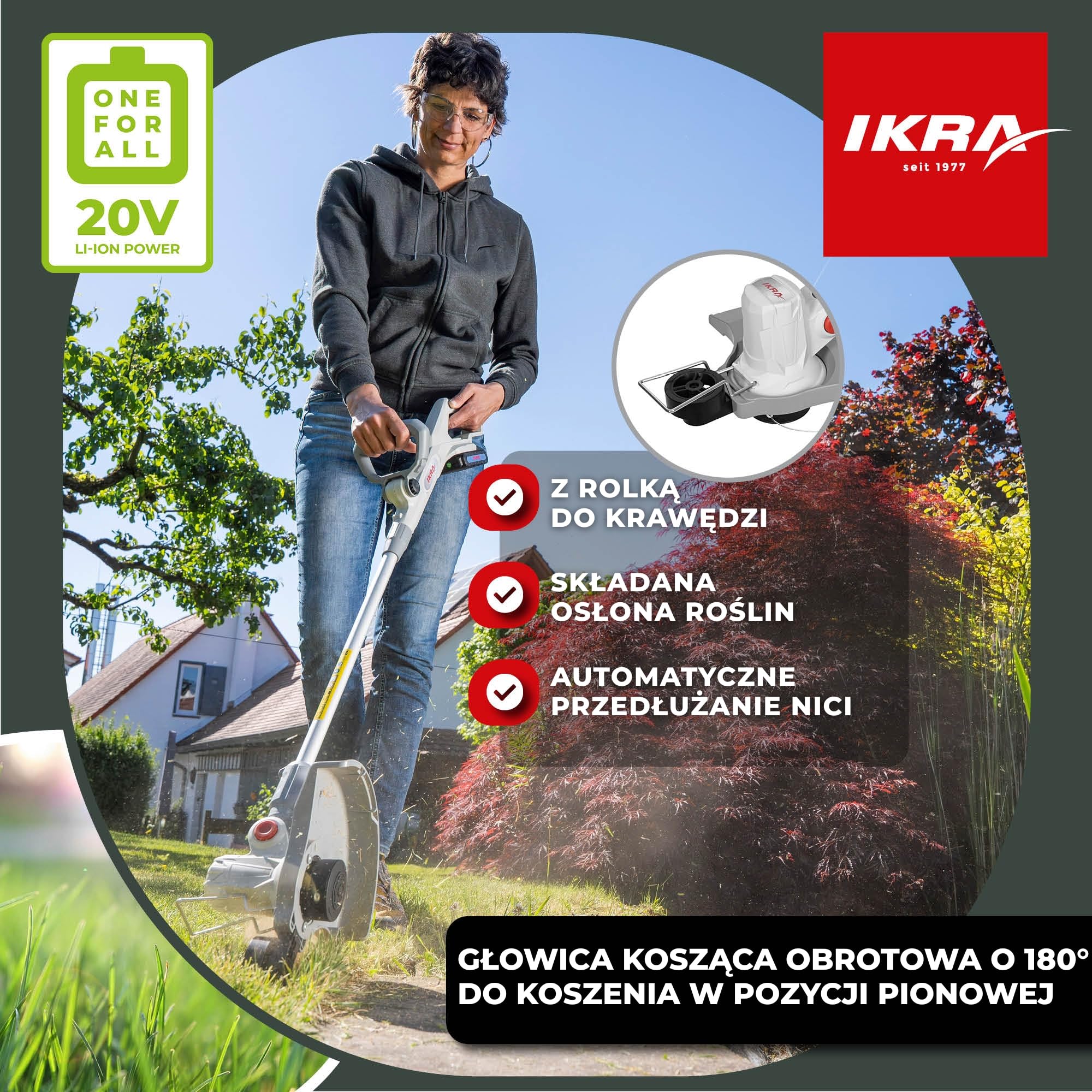 IKRA 2w1 Podkaszarka i kosiarka akumulatorowa IART 2030 F z żyłką | W zestawie akumulator 20V 2,0Ah i ładowarka, do małych trawników, system szybkiej wymiany,rodzina akumulatorów IKRA 20V