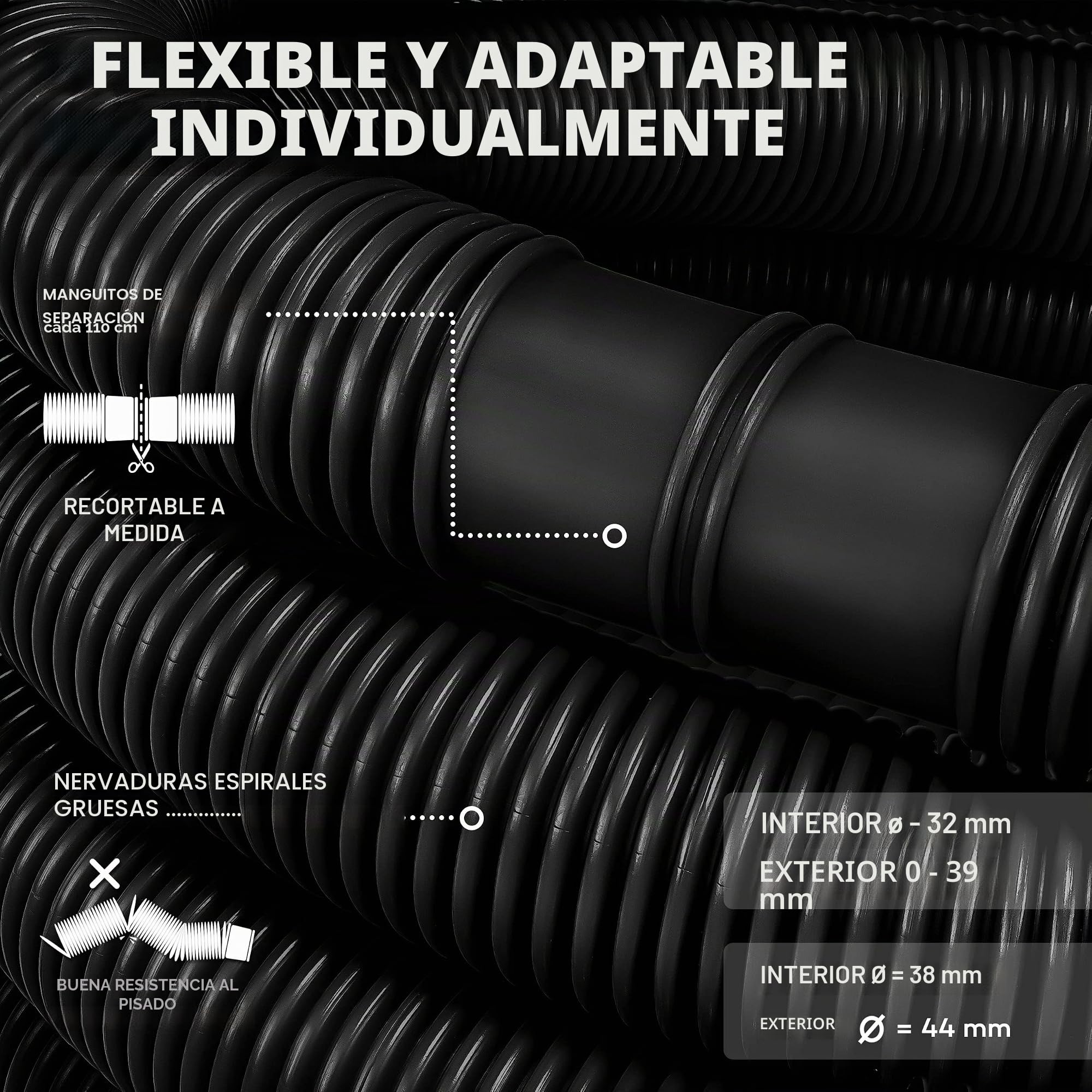 tillvex Manguera Flexible Solar de Piscina 32-38 mm para Bombas, Depuradoras y Cloradores (Negro, 20m / 38mm)