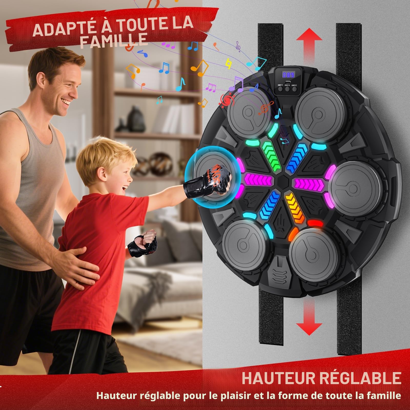 Machine de Boxe Musicale avec Bluetooth, Cible Murale Interactive pour Enfants et Adultes, Équipement d’Entraînement de Boxe Intelligente, Jeu de Boxe Ludique pour la Maison en Famille (Noir)