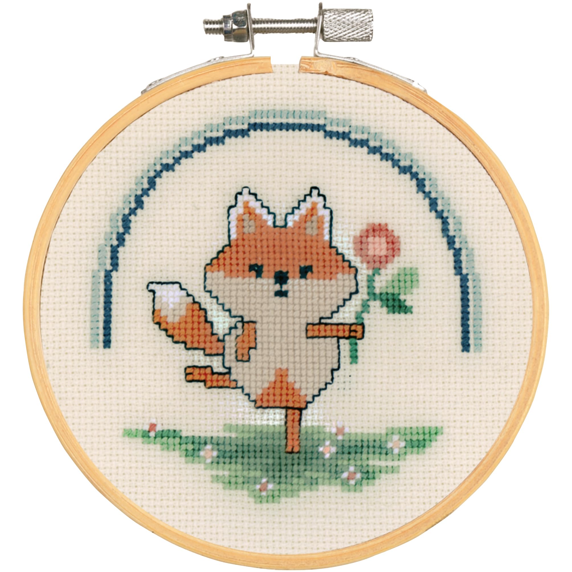 Vervaco Akita Cross Stitch Kit with Hoop with Flower Decoration DIY Creative Kit Crafts Wall Art Embroidery Kit Beginners Gift ca. 10 x 10 cm Cross Stitch Embroidery