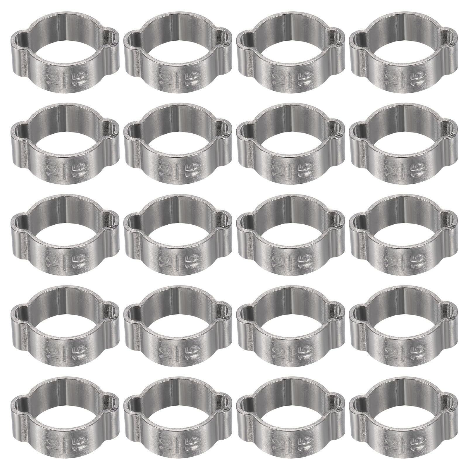 sourcing map 20pcs Double Ear Hose Clamp 13-15 mm 304 Stainless Steel Hose Clamp Double Ear O Clips Crimp Rings for Fuel Line Pipe Tube Fitting Connections, Silver
