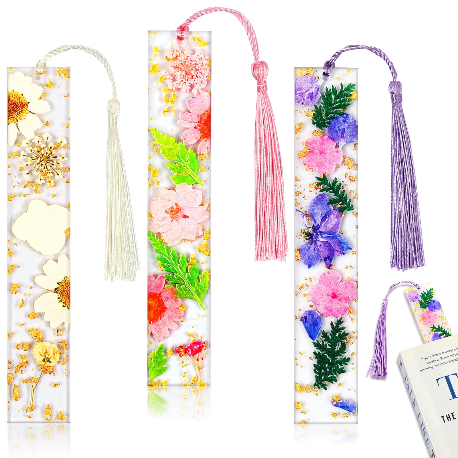 AUAUY Pressed Flowers Resin Bookmarks, 3 PCS Printed Flowers Bookmarks with Tassels, Clear Resin Page Markers, Exquisite Reading Accessories, Book Lover Gifts for Women, Teachers, Students