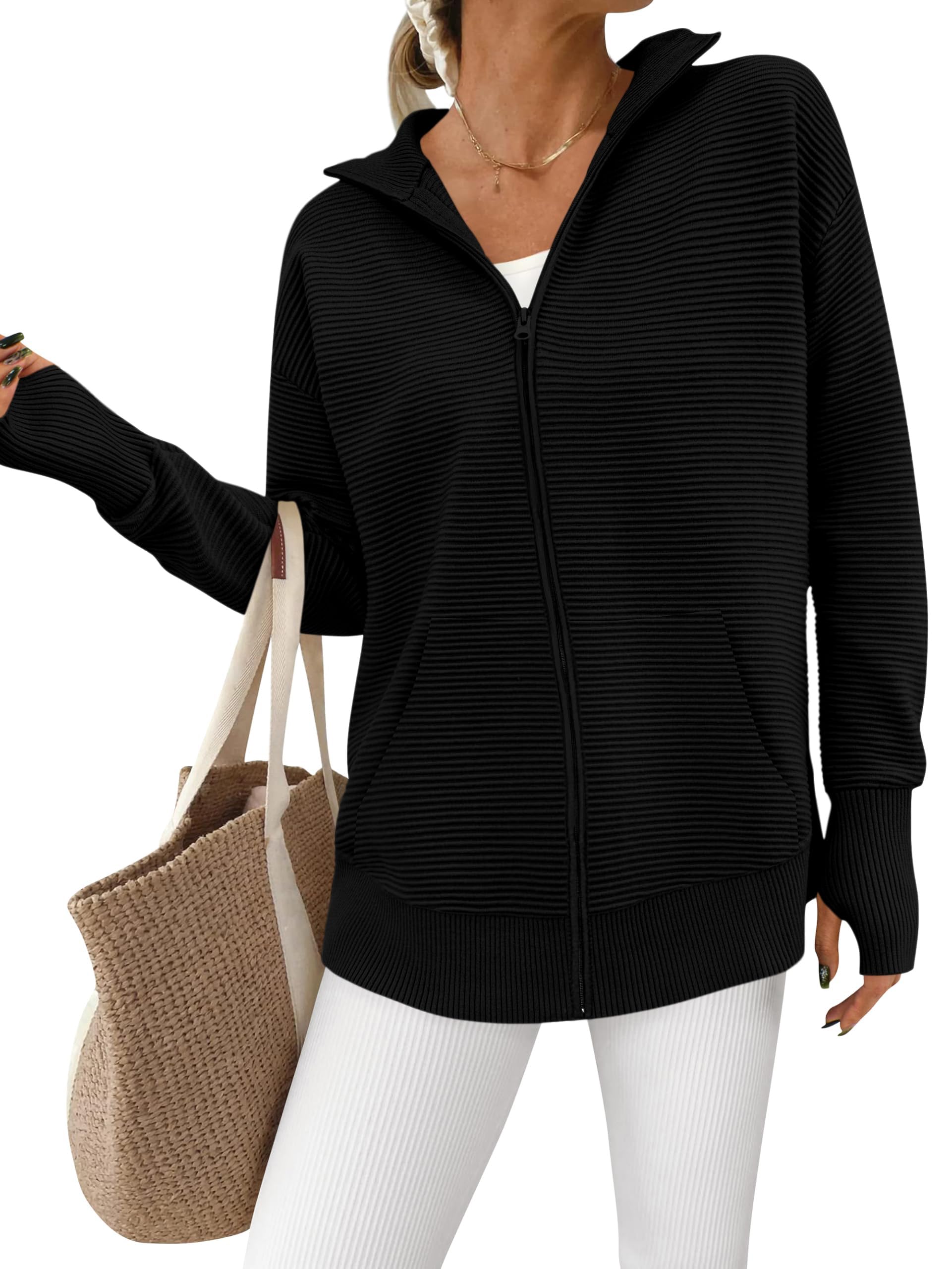 PRETTYGARDEN Womens Fall 2025 Long Sleeve Zip Up Cardigan Sweaters Casual Loose Collared Ribbed Knit Tops Jackets Thumb