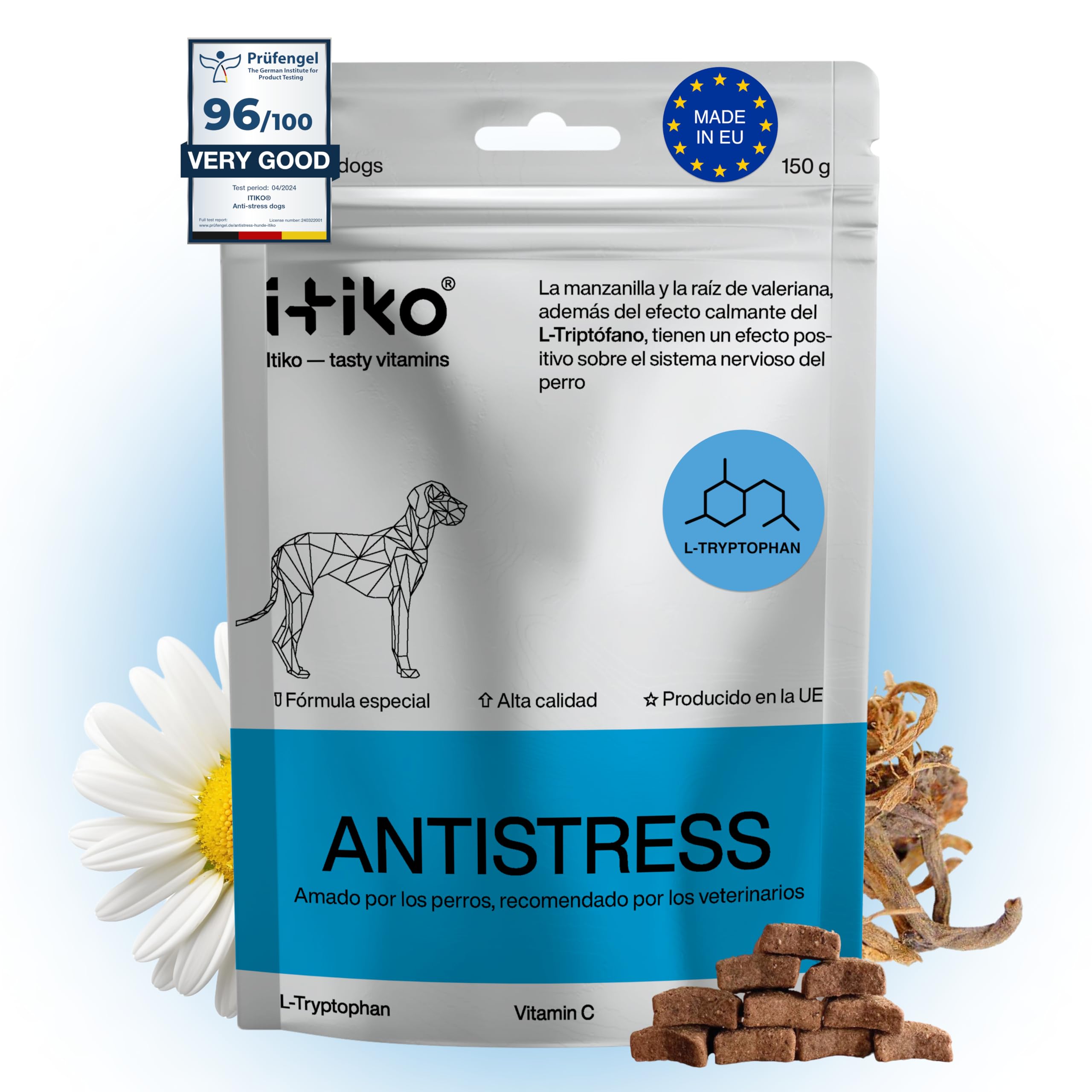 ITIKO Vitaminas para Perros | Delicioso Suplemento Alimenticio Calmante para Perros | Relajante para Perros | Mejora el Sistema Nervioso, L-Triptófano | Una Alternativa para Adaptil Calm Perros