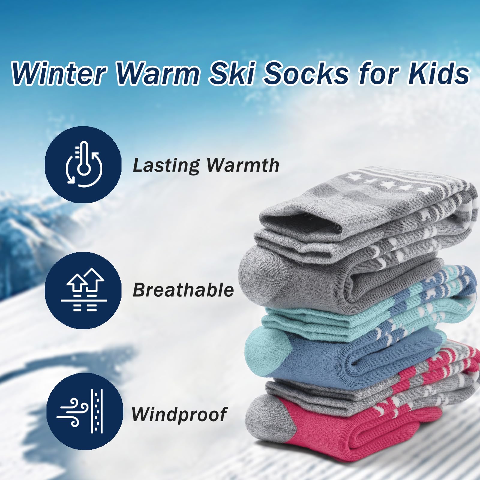 Chaussette Ski Enfant Chaussettes longues Unisexes Chaussettes Chaudes d'hiver Enfants Chaussettes Thermiques Garcon Chaussettes épaisses en coton pour Garçon Fille Lot 3 Paires