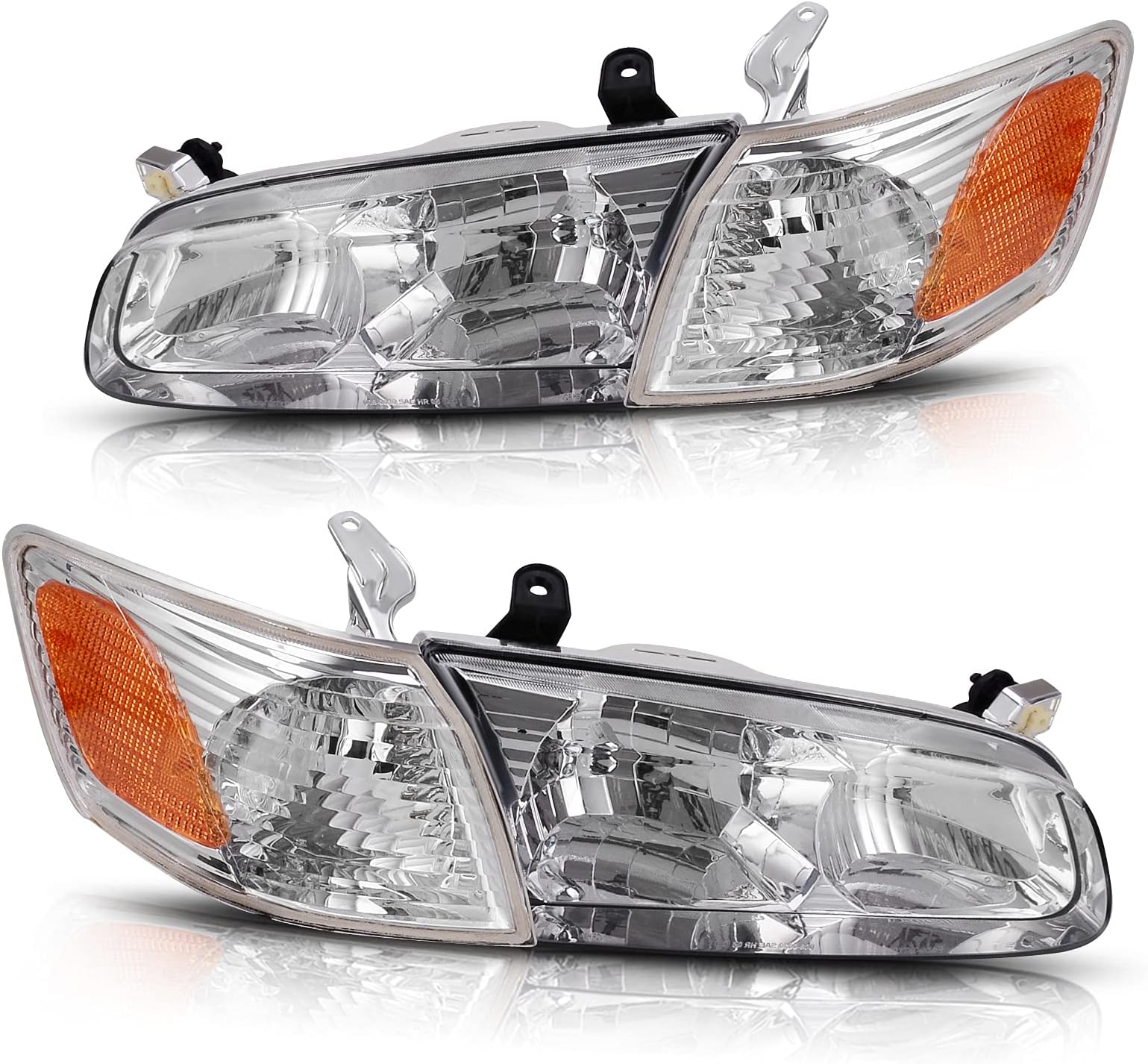 Headlights Assembly Compatible with 00 01 2000 2001 Camry Headlamp Replacement Pair Driver and Passenger Side Chrome Housing Clear Lens Amber Reflector