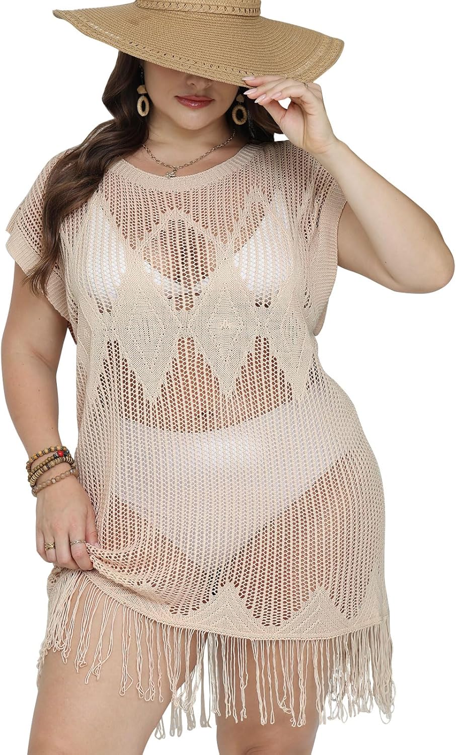 Alsol Lamesa Women's Plus Size Tassel Swimsuit Cover Up 2026 Crochet Loose Bathing Suit Hollow Out Knit Beach Dress XL-5XL