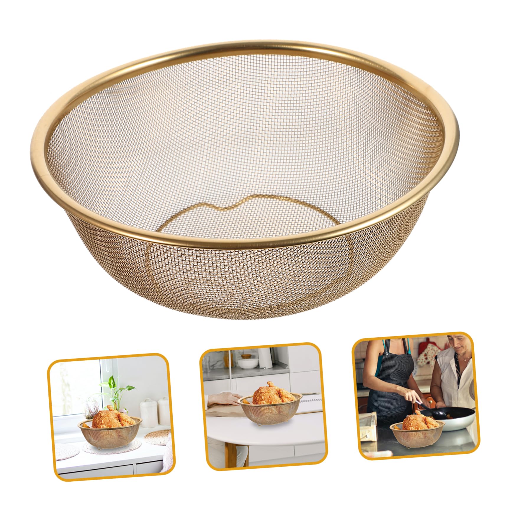 SOLUSTRE Colador de Cocina Doble Asa de Acero Inoxidable Dorado Cesta Coladora Redonda Resistente a Deformaciones y Fácil de Almacenar para Uso Diario y Camping