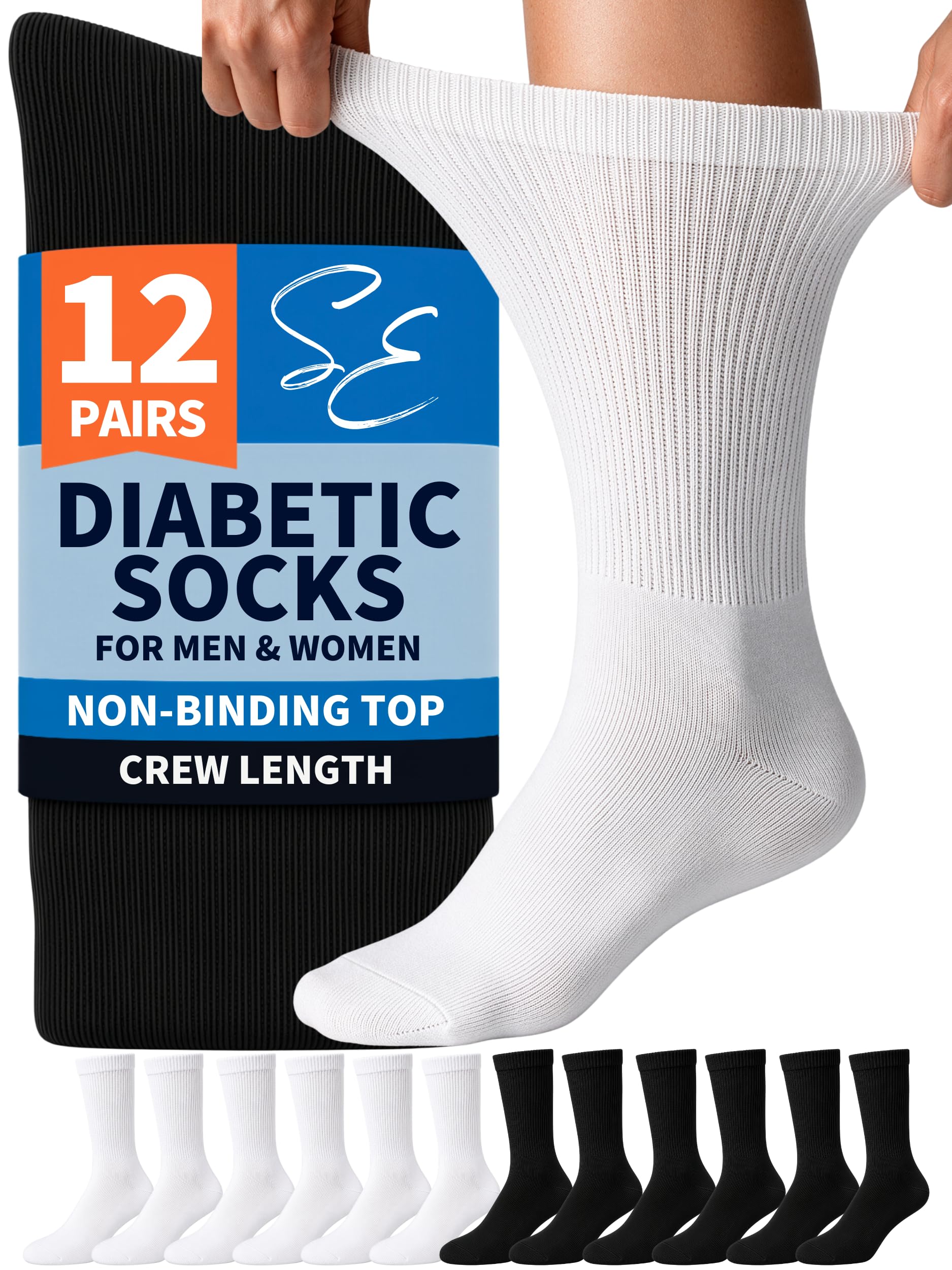 Special Essentials 12 paia di calzini da uomo in cotone bianco e nero per diabetici da uomo, 10-13