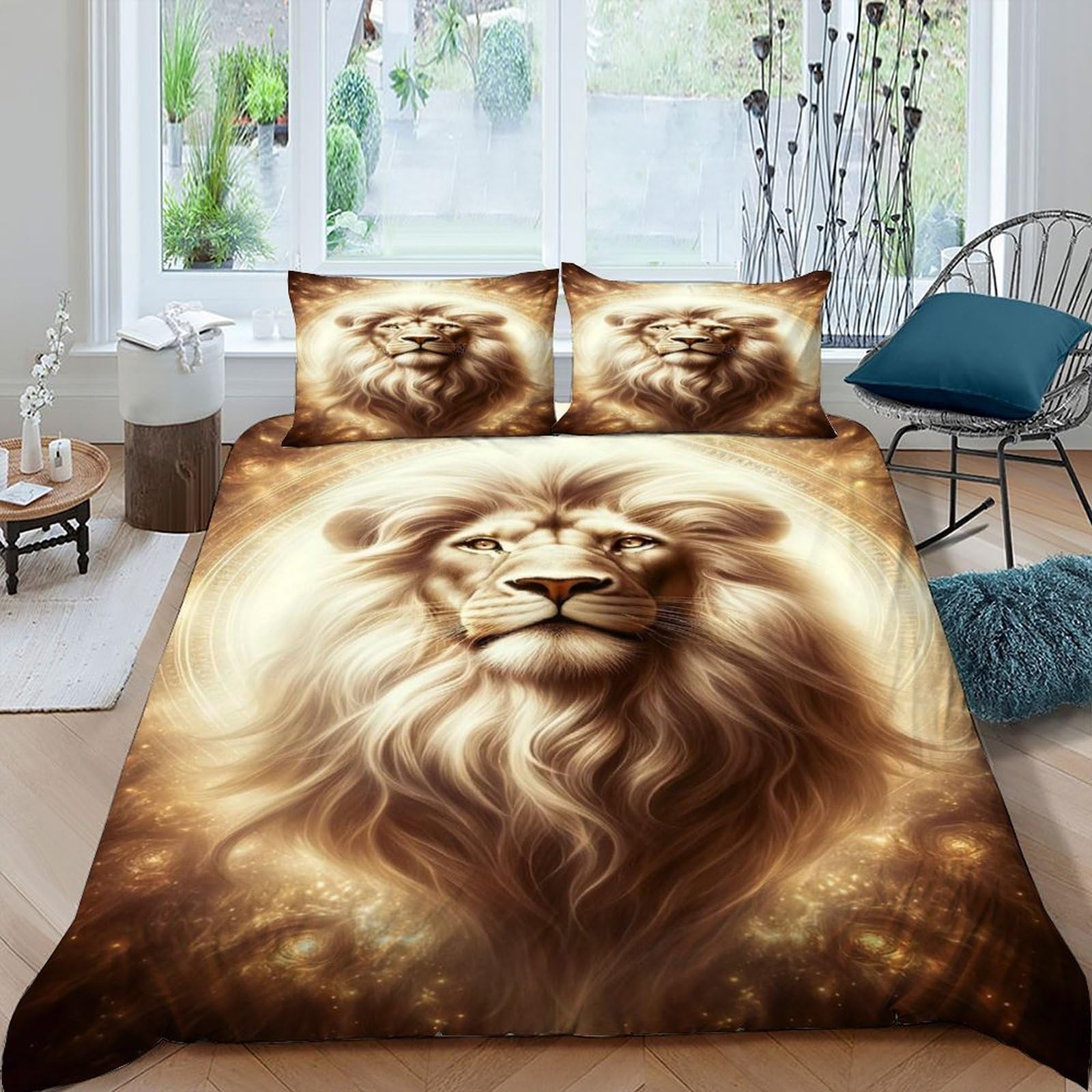 Housse de couette lion 220x240 cm sauvage avec ses 2 taies d'oreiller king