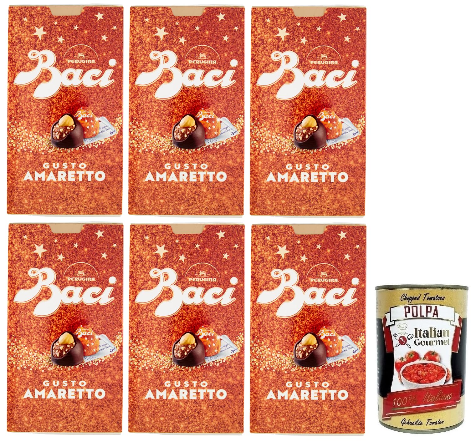 6x BACI PERUGINA Gusto Amaretto Dunkle Schokolade gefüllt mit Gianduia- und Amaretto-Keks Geschmack,150g Box + Italian Gourmet Polpa di Pomodoro 400g Dose