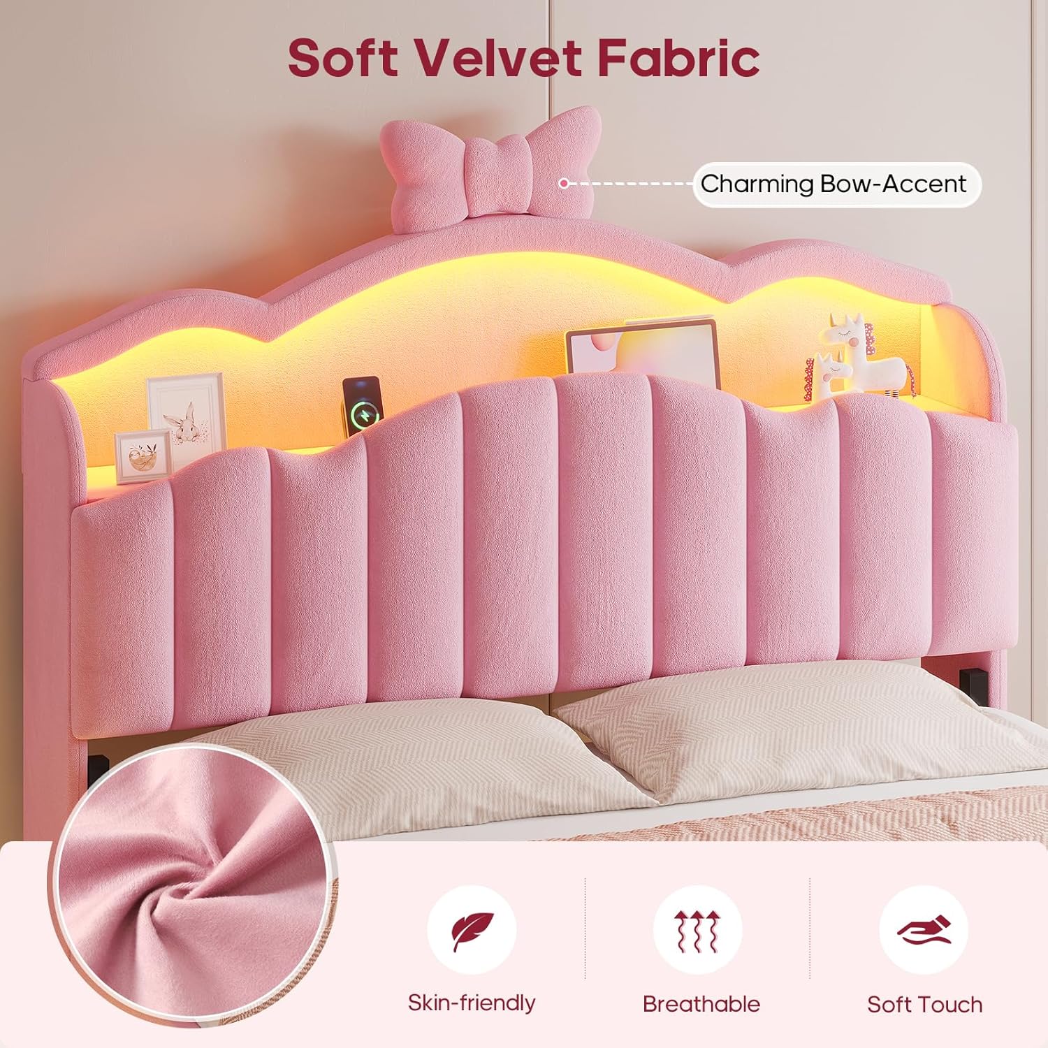 ADORNEVE Full Size Bed Frame with Storage Headboard, LED Lights, Princess Velvet Upholstered Platform Bed for Girls/Kids, Headboard with Charging Station & Bow Accent, No Box Spring Needed, Pink