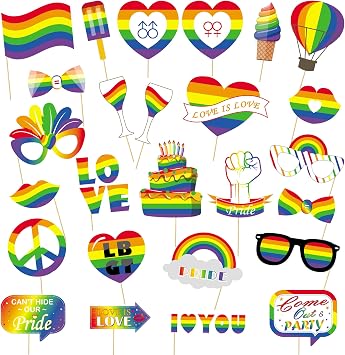 26 Pcs Pride Rainbow Photo Booth Props، Gay Pride Day Love is Love Selfie Photobooth Props for Photography، LGBT Creative Backdrop Decoration Supplies for Rainbow Party DIY Craft