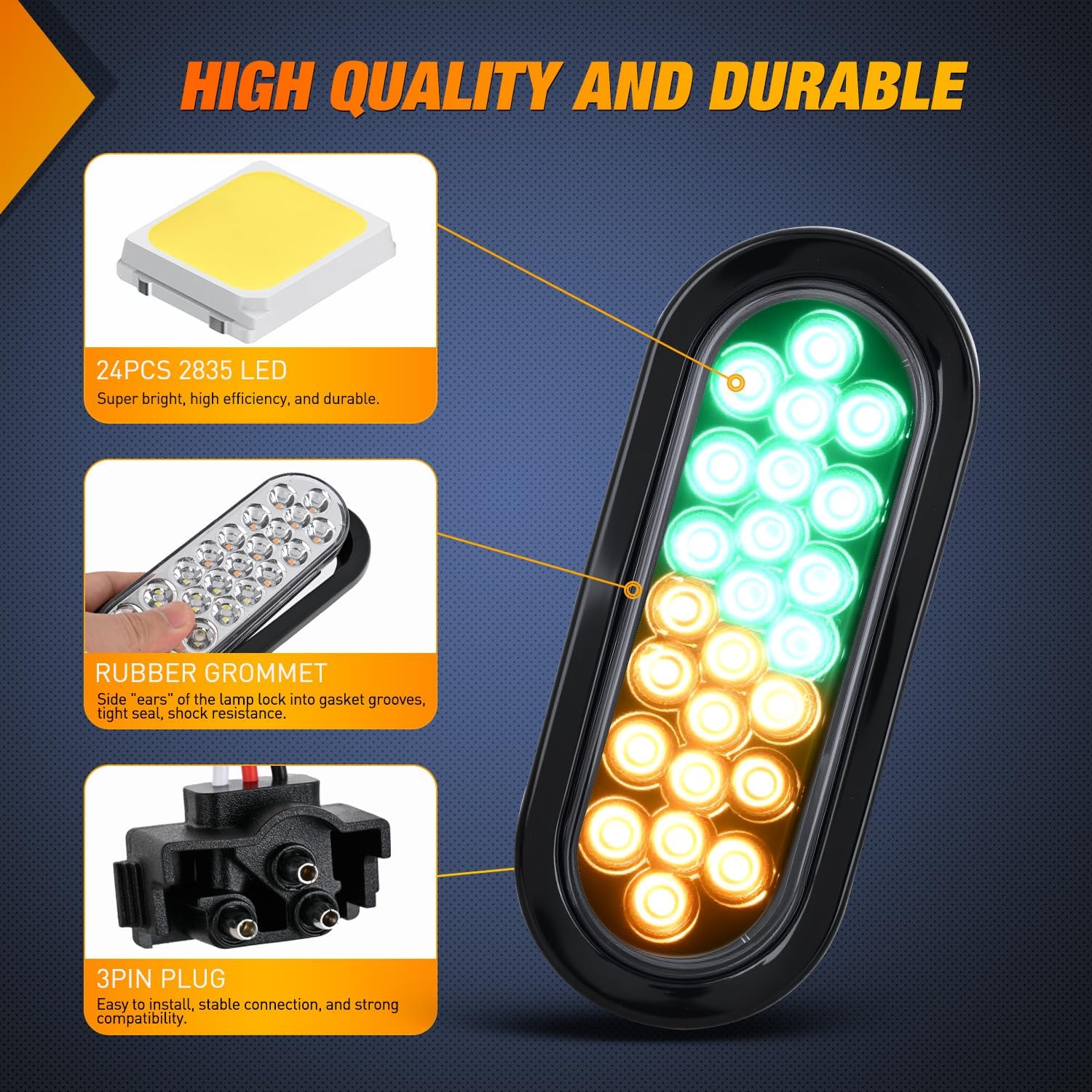Nilight Strobe Light 2PCS 6Inch Oval 24 LED Amber Green Recessed Rubber Grommet Marker Clearance Road Flare Emergency Warning Lights IP67 Waterproof for Trailer Truck Pickup Camper RV Boat