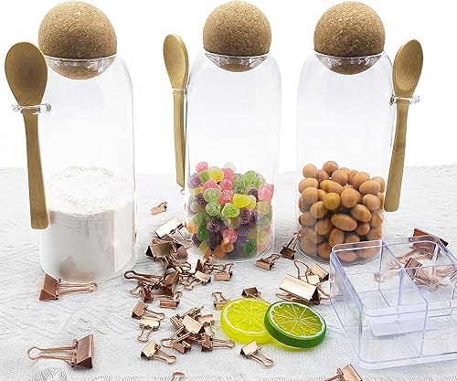 Miniatura 3 de Tarro de vidrio con tapa de madera, bola y cuchara adjunta, recipiente para condimentos de especias de azúcar y sal de 33 onzas, olla transparente